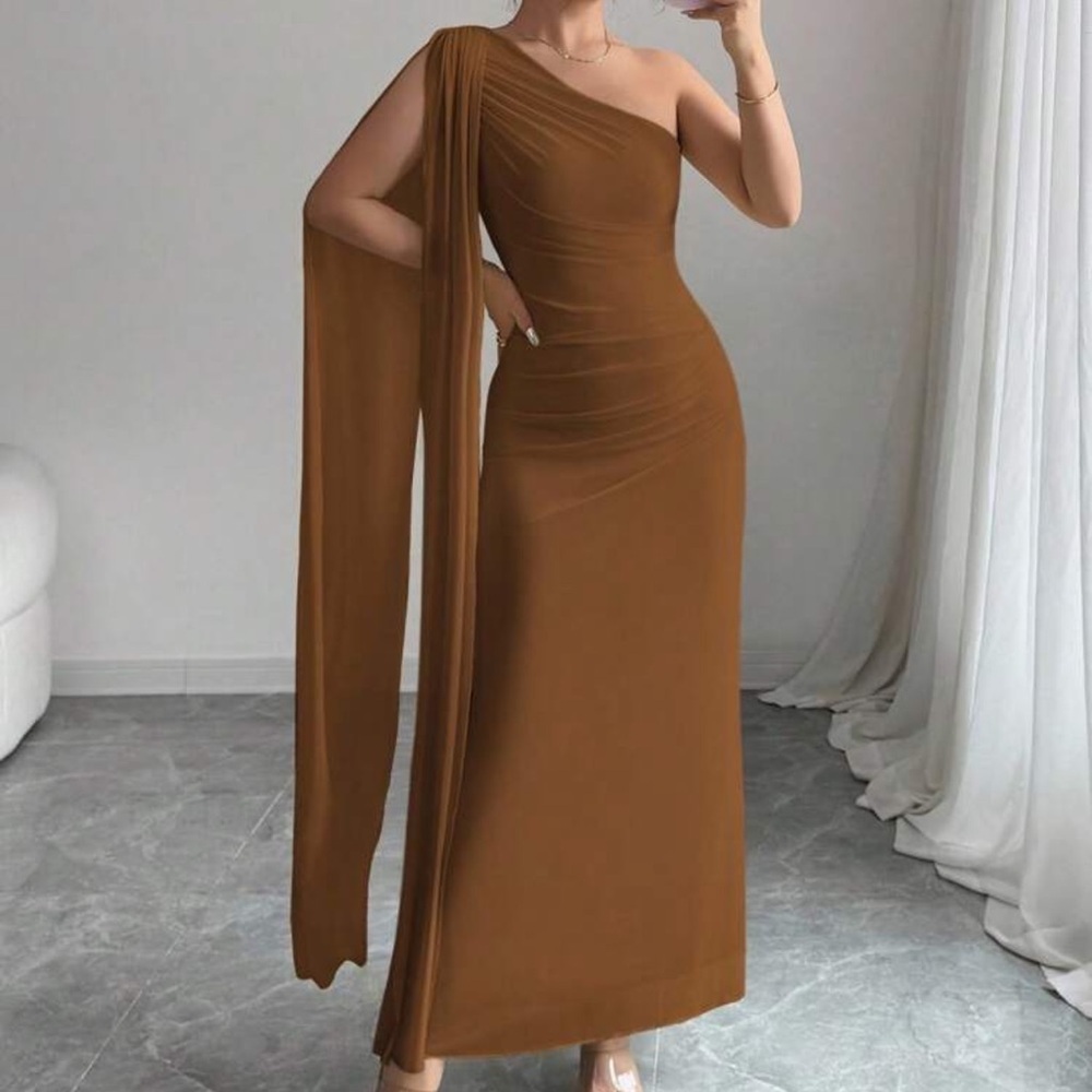 Chocolate Brown One Shoulder Draped Maxi Dress XL 12 Elegant Evening Formal